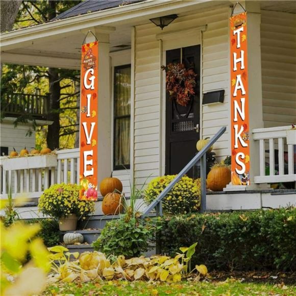GIVE THANKS Hanging Banner Autumn Pumpkin Maple Leaf Fall Harvest 72"x12" - Picture 4 of 6